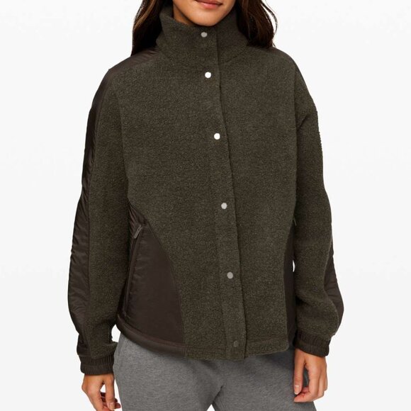 lululemon athletica Jackets & Blazers - Lululemon Go Cozy Jacket Wool Blend Sherpa Fleece Fuzzy Dark Olive Green